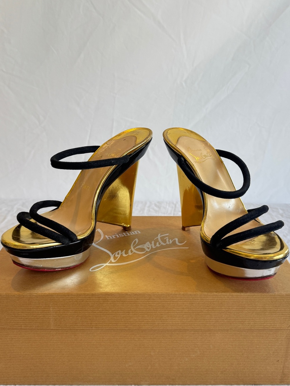 Christian Louboutin Gold with Silver Detail Metallic Wedge Heels & Black Straps